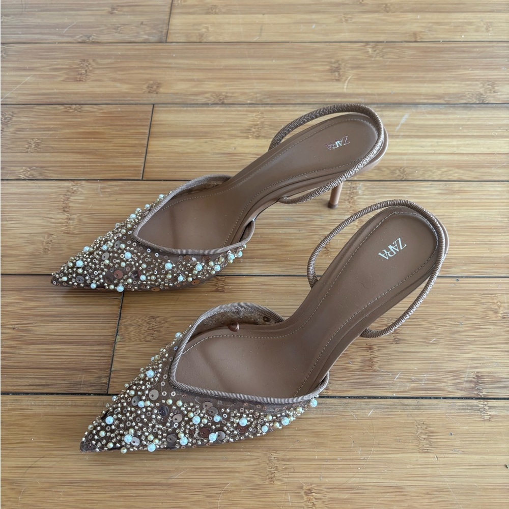 Zara Women's Beaded Tan Heels